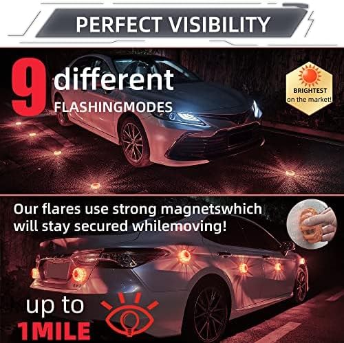LED Road Flares 6Pack Roadside Emergency car kit Emergency Road Flares Kit with Magnetic Base for Vehicles & Boat | 9 Flash Modes(with Batteries) (6 Part Rechargeable)