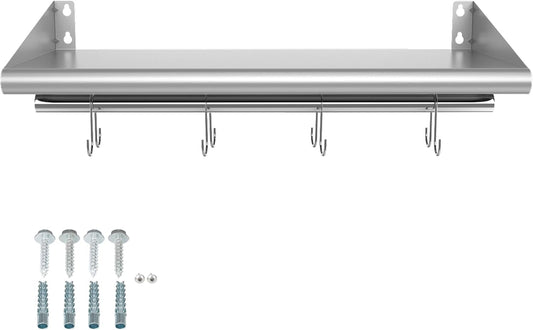 Skyflame 12" x 24" Stainless Steel Shelf with 4 Hooks, Wall Mounted Floating Shelving Storage Rack for Restaurant, Kitchen, Bathroom, Office