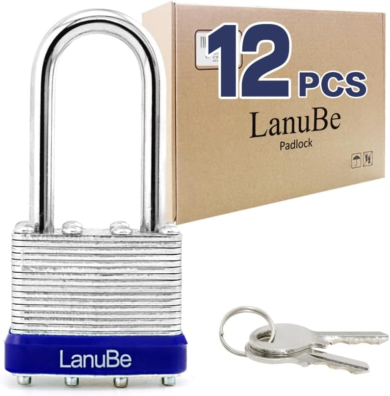 LanuBe Lock Laminated Steel Keyed Padlock,Keyed Alike Locks, Long Shackle Padlock,Pack of 12