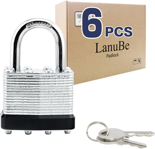 LanuBe Lock Laminated keyed Padlock (1-9/16", 40mm), keyed Alike Locks, Normal Shackle,Marked Black Plastic Hoop, Pack of 6…