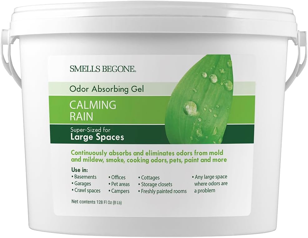 SMELLS BEGONE 1-Gallon Odor Absorber Gel - Air Freshener & Odor Eliminator for Homes, Garages & Commercial Buildings - Industrial Size - Calming Rain Scent