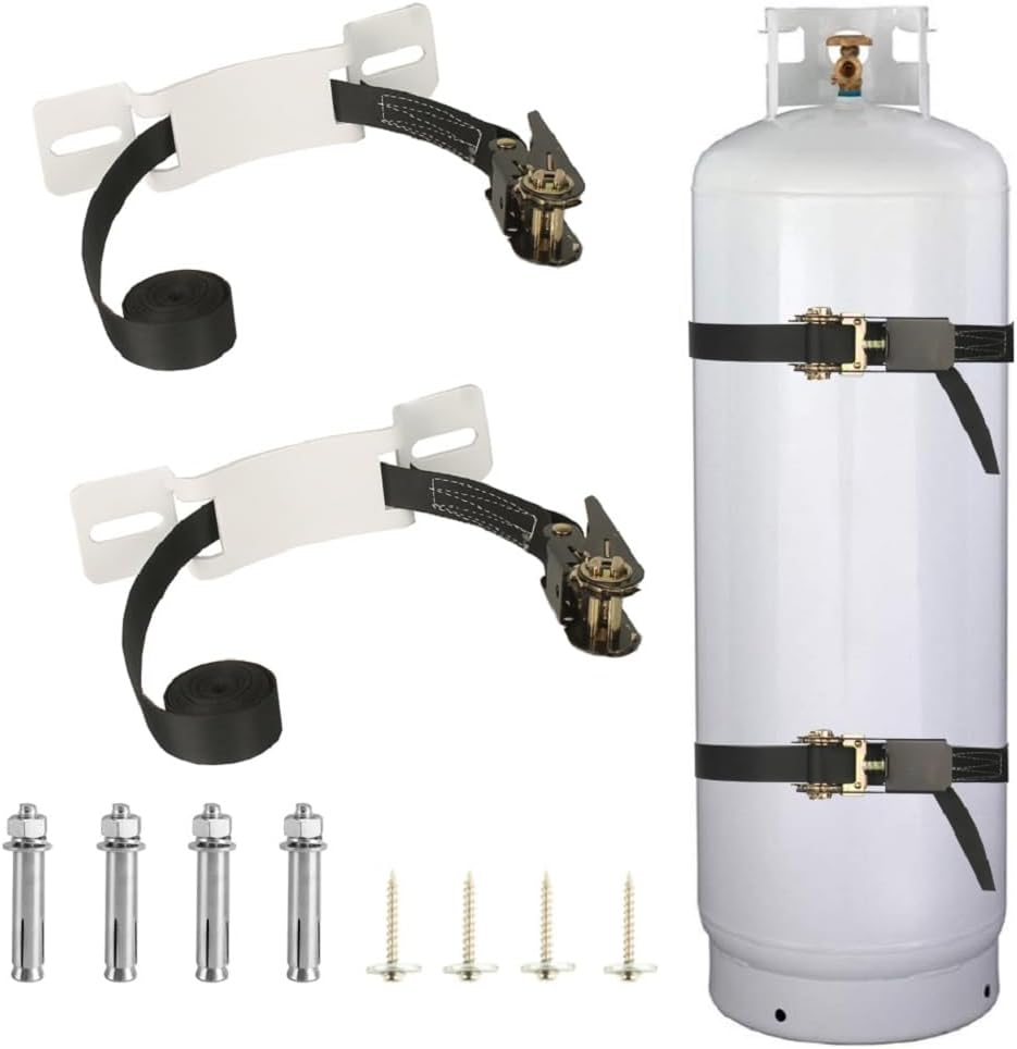 Propane Tank Holder ，Cylinder Wall Mounted Brackets, Ratchet Straps（6.6ft ）, Steel Gas Cylinder Holder, Heavy Duty Gas Cylinder Holder Wall-Mounted Bracket。 (white 2)