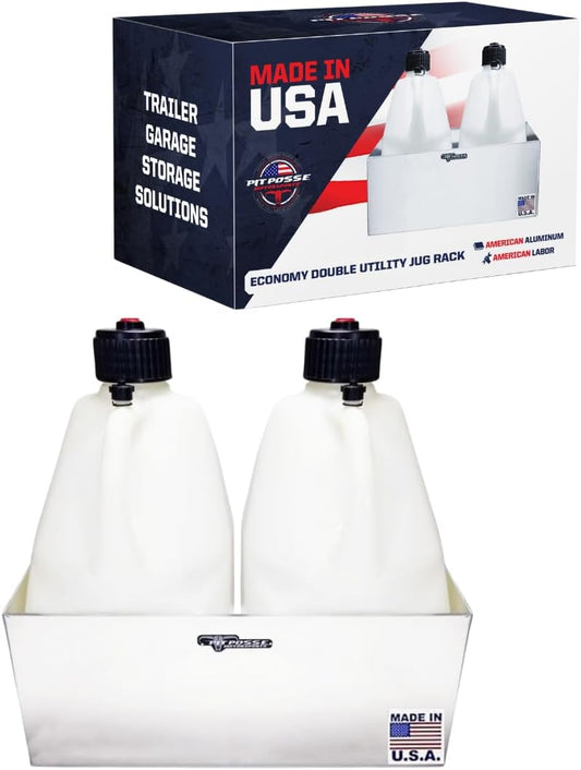 Pit Posse PP3344 Double Utility Jug Holder Storage Rack Shelf - Holds Two 5-Gallon Jugs - Made in USA - Anti-Rusting Aluminum - Shop Garage Enclosed Race Trailer Car Automotive Accessories (Silver)