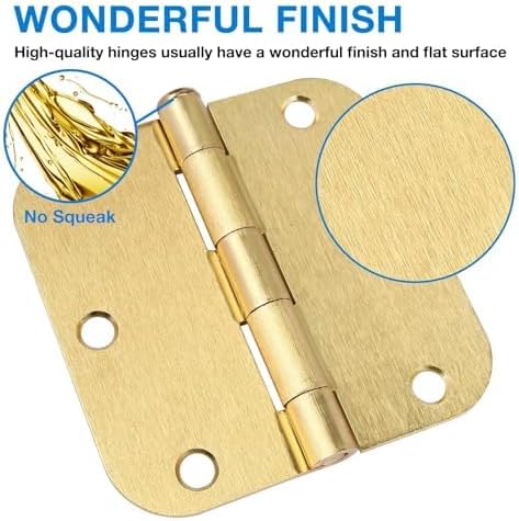 6 Pack Rounded Door Hinges 3.5 inch X 3-1/2" 5/8 Radius, Brushed Brass 3 ½ Inch Satin Gold Interior Standard Hinge for Bedroom Wood/French Style Clear Glass Doors Easy Install Hardware Accessories