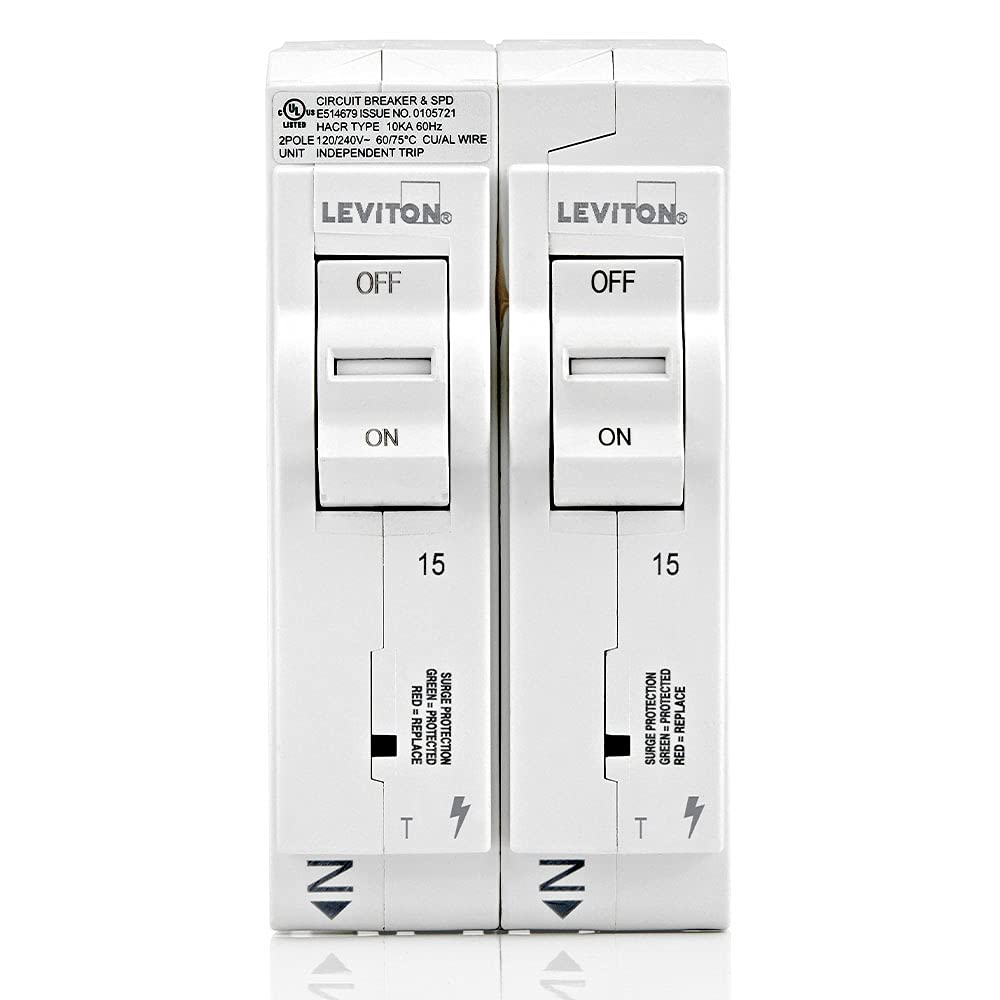 Leviton Surge Protective Device with Two 15A 1-Pole Plug-On Standard Branch Circuit Breakers, Thermal Magnetic, 120/240 VAC, LSPD1-T, White