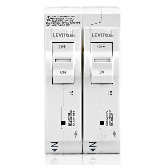 Leviton Surge Protective Device with Two 15A 1-Pole Plug-On Standard Branch Circuit Breakers, Thermal Magnetic, 120/240 VAC, LSPD1-T, White