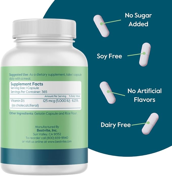 BESTVITE Vitamin D3 5000 IU (365 Capsules) - No Stearates - Non GMO - Gluten Free - 1 Year Supply of Vitamin D