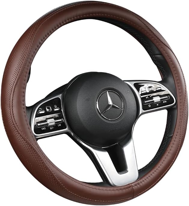 Cowhide Steering Wheel Cover Heat Resistant Anti-Slip Car Wheel Wrap Compatible with Most Makes and Models of Cars and Trucks with 14.5 to 15 Inch Steering Wheel(Brown)