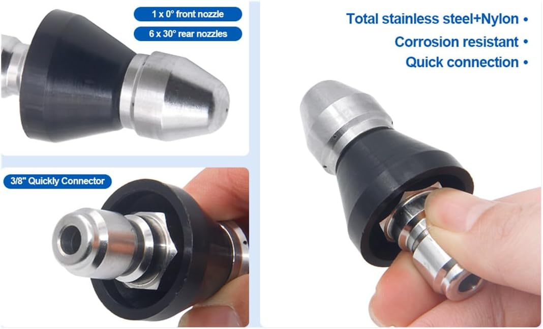 Pressure Washer Sewer Jetter Nozzle with Stainless Steel,3/8'' Quickly Connector, 5000 PSI Orifice 6.5