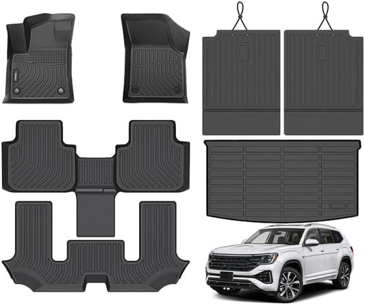 ANBINGO® Floor Mats & SeatBack Cargo Liner | Atlas 2018-2025 6 Passenger | 2nd Row with Bucket Seat | (50/50 Velcro Tape Fixed Backseat) TPE 3 Rows Car Mat Waterproof, Accessories
