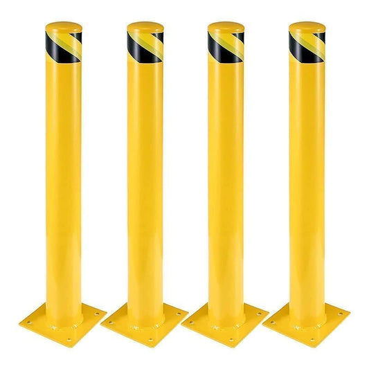 4-Pack Heavy Duty Safety Bollards, 42" Height, 4.5" Diameter Steel Pipe Bollard Post with 16 Anchor Bolts, High-Visibility Yellow Parking Bollard for Traffic Control, Warehouses, & Pedestrian Safety