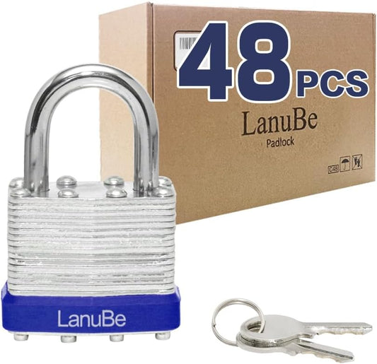 LanuBe Lock Laminated keyed Padlock (1-9/16", 40mm), keyed Alike Locks, Normal Shackle, Marked Blue Plastic Hoop, Pack of 48…