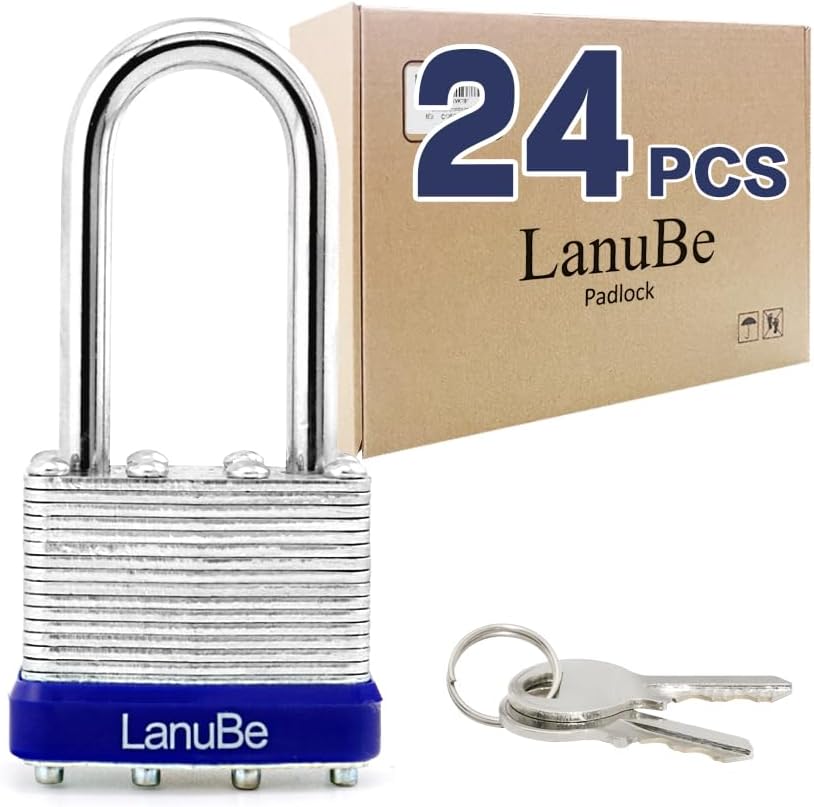 LanuBe Laminated Padlock 1-9/16inch (40mm) Long Shackle 24 Pack Keyed Alike, Blue Plastic Hoop, Bulk Locks for Warehouse, School