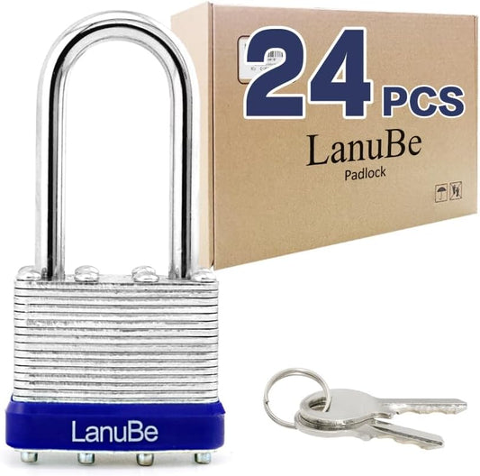 LanuBe Laminated Padlock 1-9/16inch (40mm) Long Shackle 24 Pack Keyed Alike, Blue Plastic Hoop, Bulk Locks for Warehouse, School