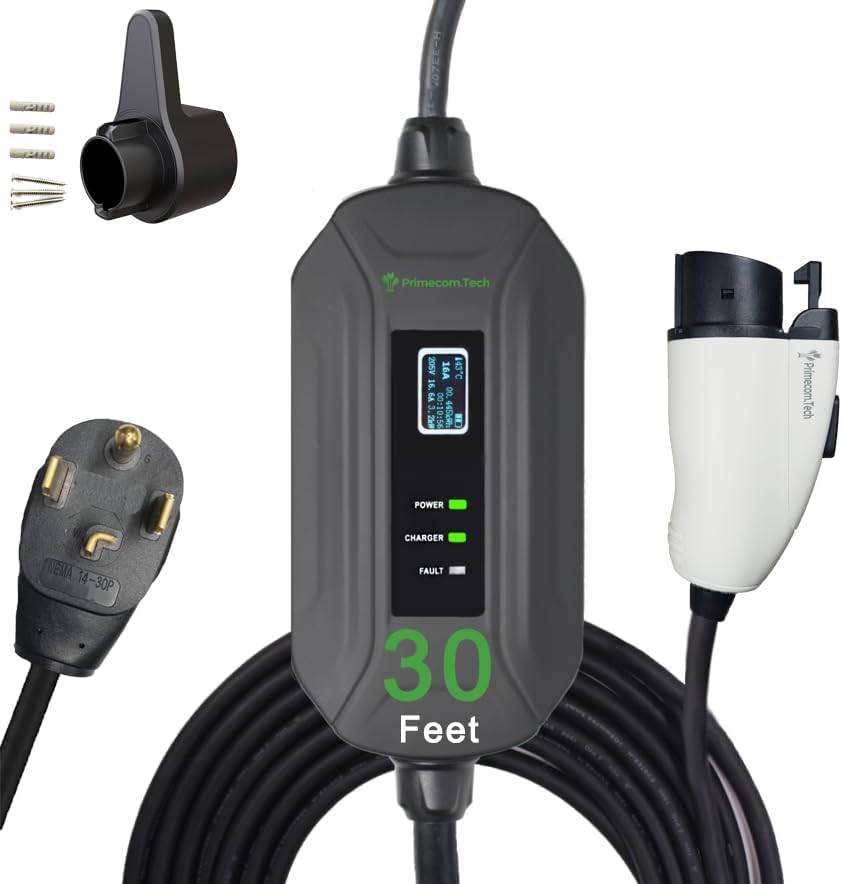 PRIMECOM Level 2 EV Charger 220/240V, 16A, 30ft & 50ft, Portable EVSE Electric Vehicle Charging Cable Compatible with Bolt Volt Leaf BMW i3 Fiat 500e Clarity NIRO Prius (30 Feet, 14-30P)