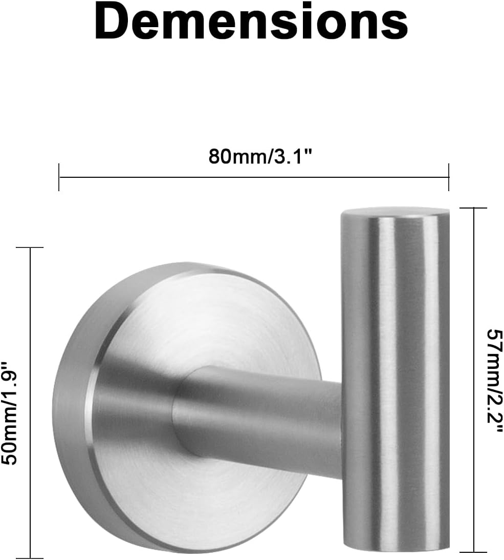 NearMoon Bath Towel Hooks- SUS 304 Stainless Steel Robe Hook Holder, Heavy Duty Coat Hook for Bathroom Livingroom Hotel Kitchen Garage, Wall Mounted (Brushed Nickel, 3 Pack)