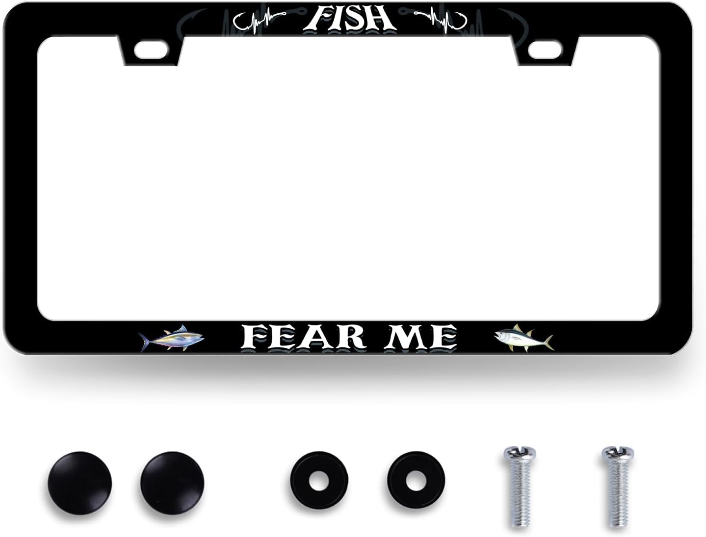 Fish License Plate Frame Fish Fear Me License Plate Holder for Personalized Car Decorative Stainless Steel Funny Text License Plate Fishing Auto Part Women Men with Screws 12.2" x 6.2"