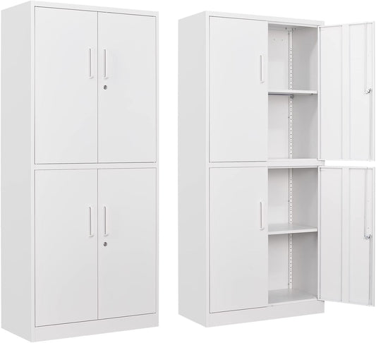 Yizosh Metal Storage Locking Cabinet with 4 Doors and 2 Adjustable Shelves,71" Lockable Garage Tall Steel Cabinet,for Home Office,Living Room,Pantry,Gym,Commercial Storage (White)