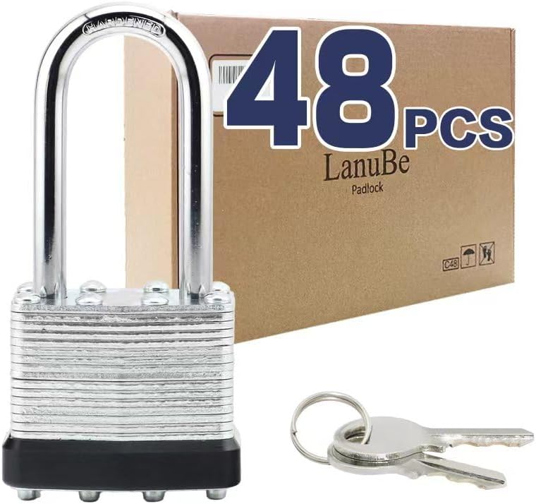 LanuBe Lock Laminated keyed Padlock (1-9/16", 40mm), keyed Alike Locks, Long Shackle,Marked Black Plastic Hoop, Pack of 48