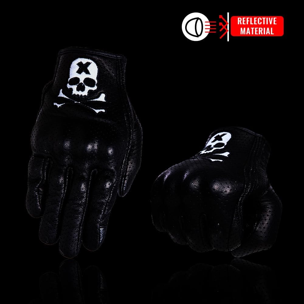 Goatskin Leather Motorcycle Motorbike Powersports Racing Gloves Reflective Skull Touchscreen for Men and Women Model