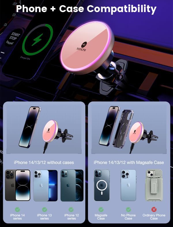 MOKPR for Magnetic Car Mount Charger-15W Wireless Car Charger-Magnetic Car Phone Holder for Dash Air Vent-LED RGB HandsFree Car Mount Fast Car Charger for iPhone 16 15/14/13/12 Pink