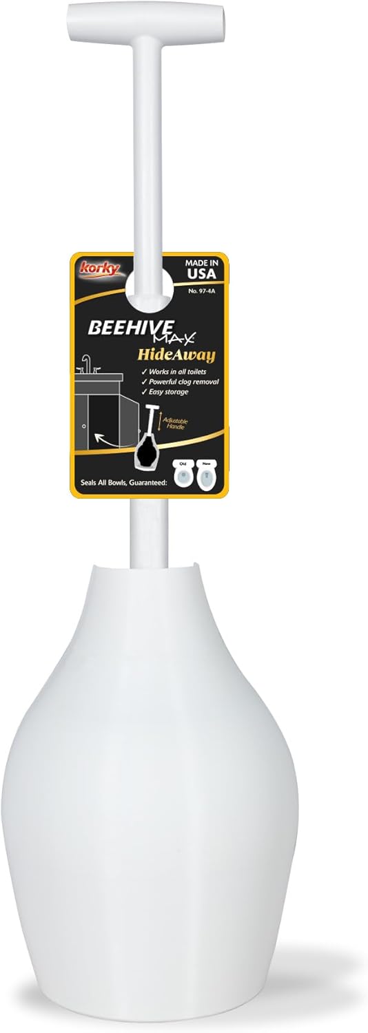 Korky BeehiveMAX Hideaway - Heavy Duty Toilet Plunger with Holder - Drip Free Carry - Seals All Bowl Shapes – Powerful Clog Removal, 97-5