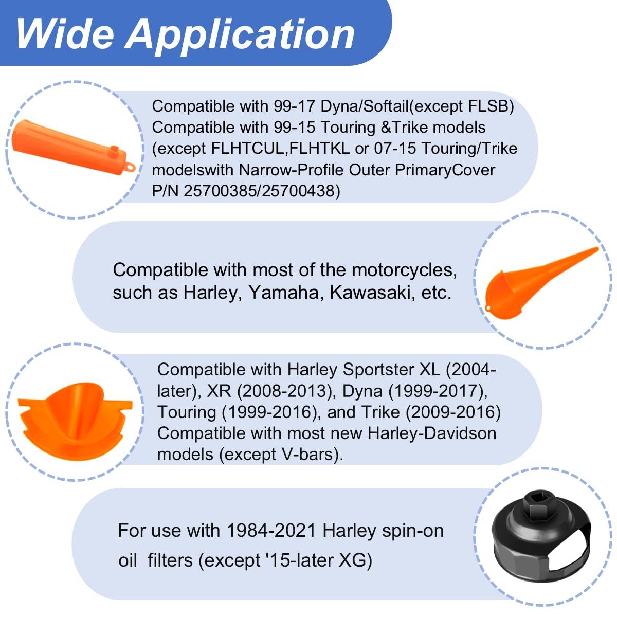 Oil Change Tool Kit for Harley Davidson Accessories,Oil Filter Wrench,Crankcase Fill Tool,Primary Case Funnel,Drip-Free Oil Filter Funnel,10PCS O-Rings