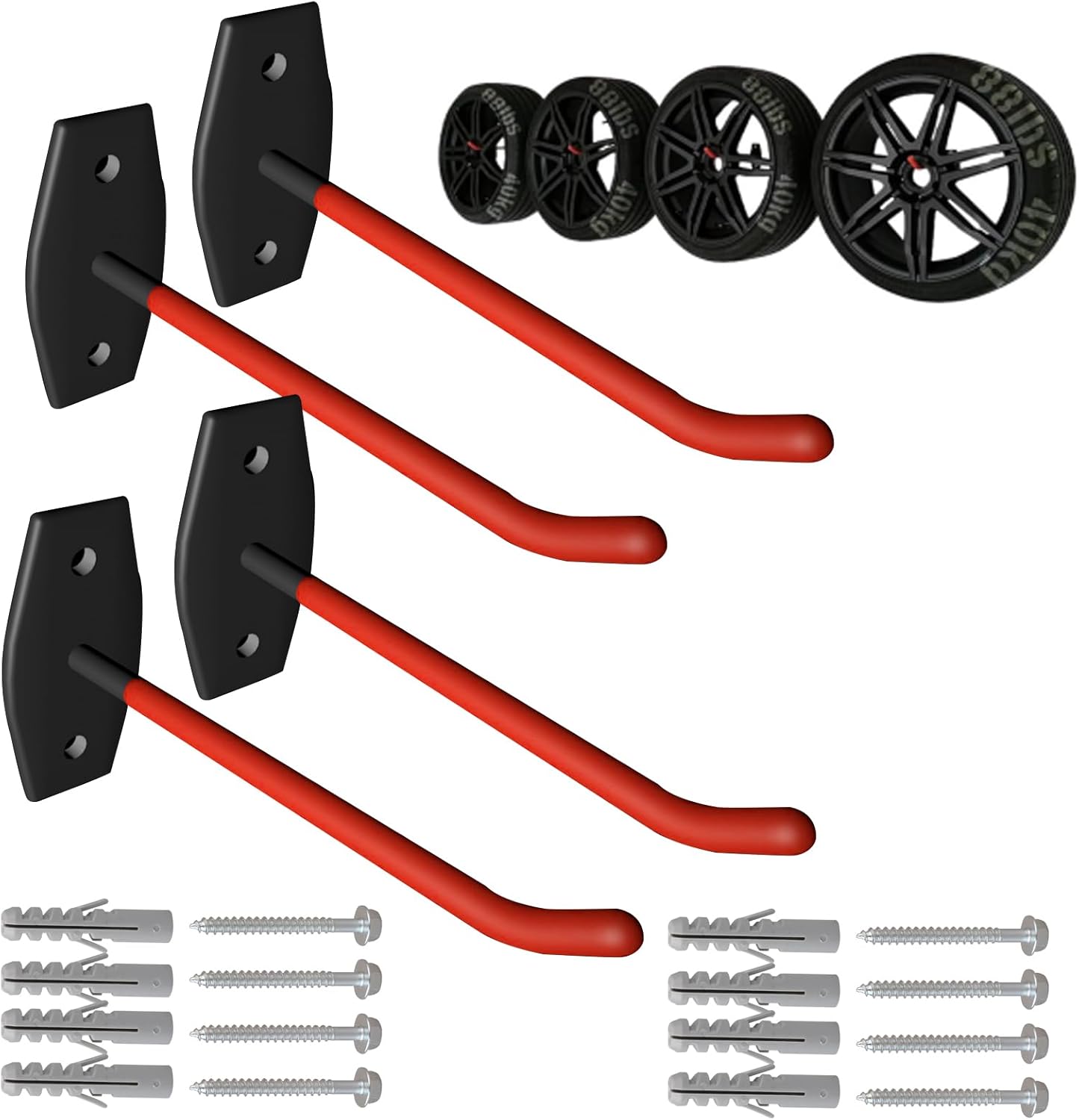 4 Pcs Wall Mount Garage Tires Hooks, 10 Inch Heavy Duty Steel Garage Storage Hooks with Anti-Slip Coating, Hang Tools for up to 88Lbs, for Car Tires, Ladders, Chairs, Ropes