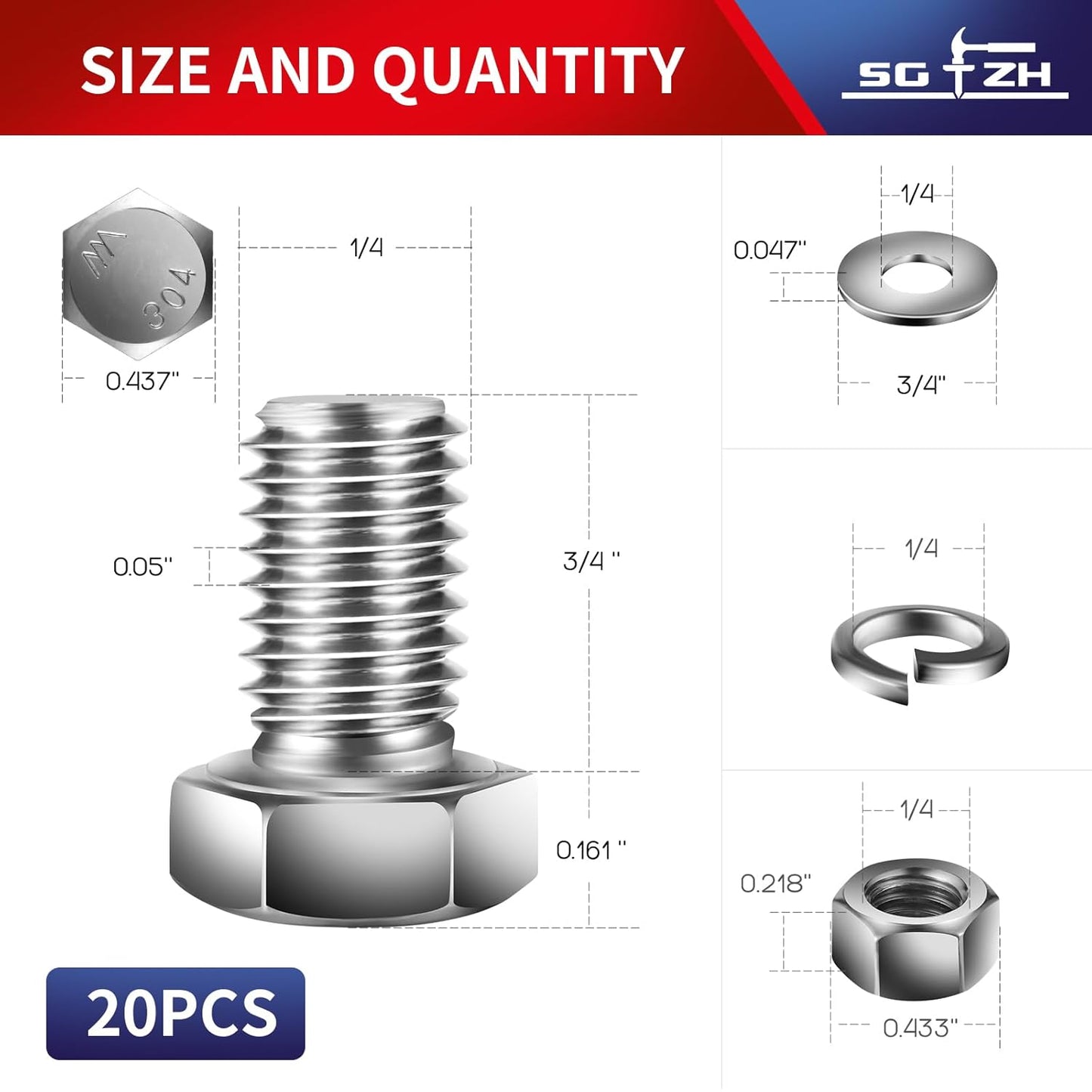 1/4-20 x 3/4" Hex Head Screw Bolt, Nuts, Flat & Lock Washers, 20Pcs 18-8 (304) Stainless Steel, Fully Threaded, by SG TZH
