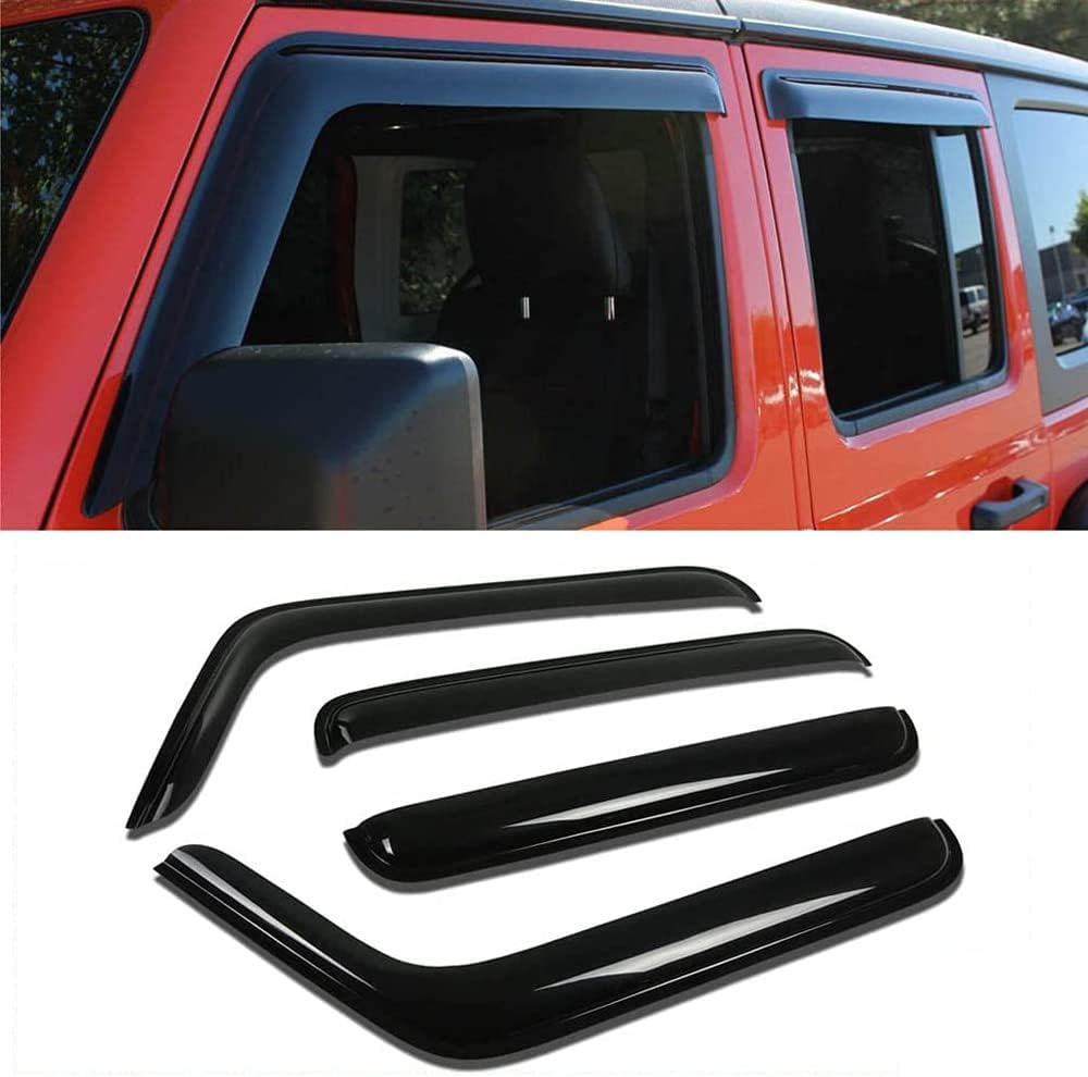Side Window Visor Vent Deflector Rain Guard,4pcs Outside Mount Tape-on Shatterproof Dark Smoke window shades fit for 2007-2018 Jeep Wrangler 4-Door (JK) 94249