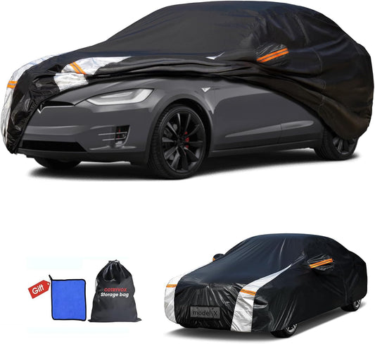 12-Layer Custom Fit Car Cover for Tesla Model X (2015-2025), Upgraded Waterproof All-Weather Full Exterior Cover with Door Zipper, for Snow Rain Dust and Sun UV Protection-Black.