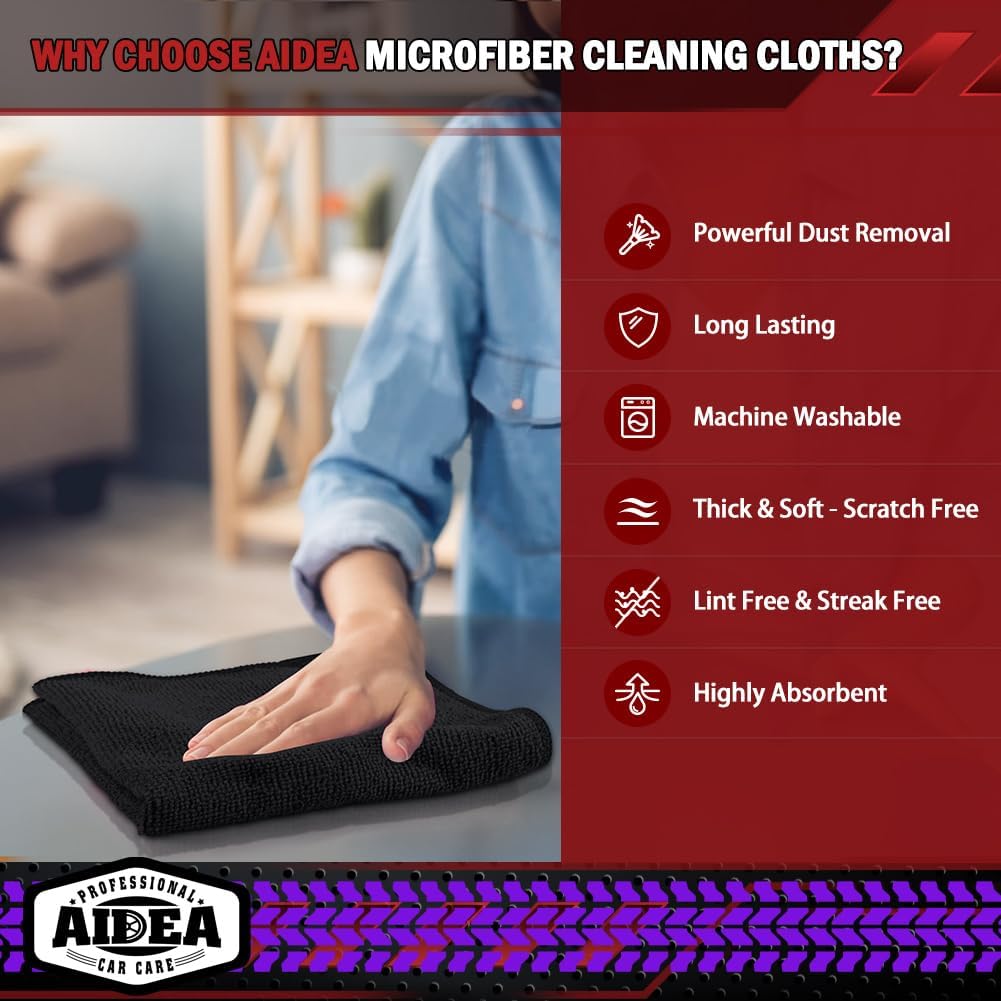 AIDEA Microfiber Cleaning Cloth Black 20PK, Microfiber Towels for Cars, Premium Car Cloth, Dusting Cloth Lint Free Cleaning Rags for SUVs, House, Kitchen, Window, Workshops,12×12"