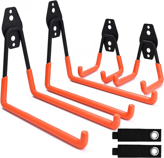 QUELIEN 4 Pack Garage Wall Hooks, 2 Large 7.5 in & 2 Small 2.5 in Heavy-Duty Cord Organizers for Garage Storage, Space-Saving Design for Home, Garage, and Workshop Use