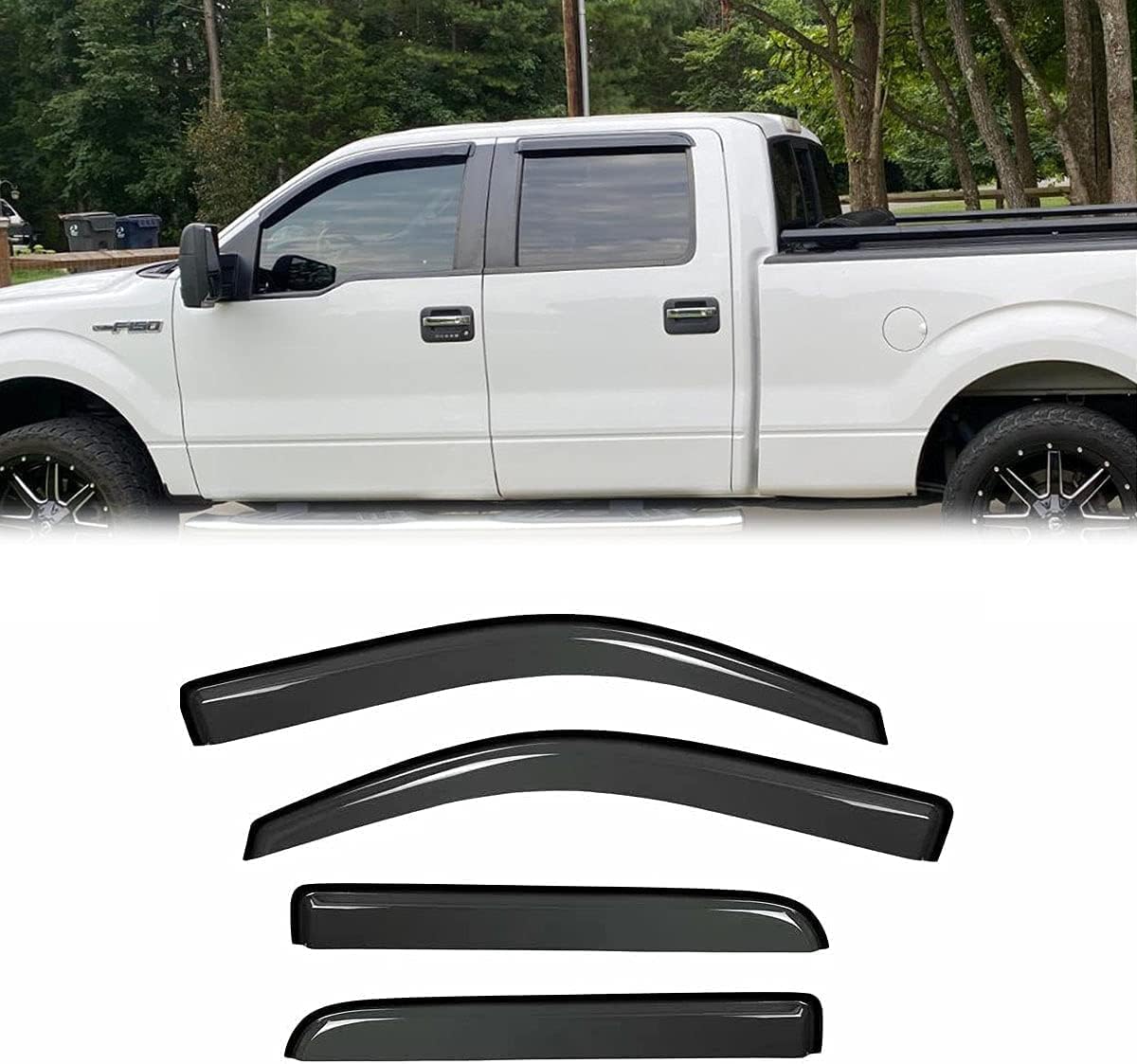 94155 Side Window Wind Visor Vent Deflector fit for Ford F-150 2009-2014 SuperCrew/Crew Cab, 4pcs Out-Channel Tape On Dark Smoke Nice Sun Rain Guards Set