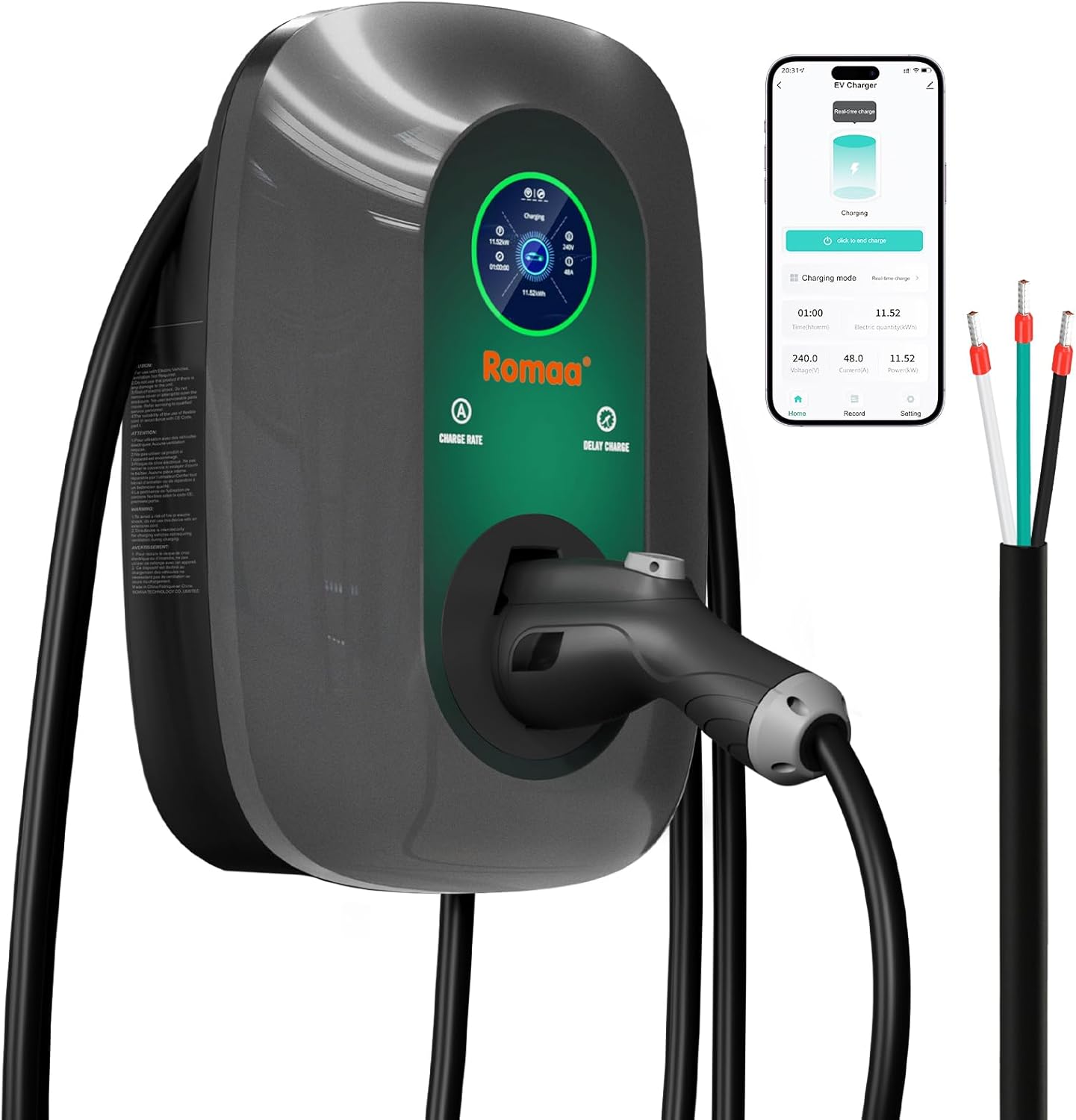 Level 2 EV Charger 48 Amp, J1772 Charger, Hardwired Electric Car Charger, APP Control, 25ft Cable, Wall Mount EV Charger Level 2 for Home, Electric Vehicle Charging Station