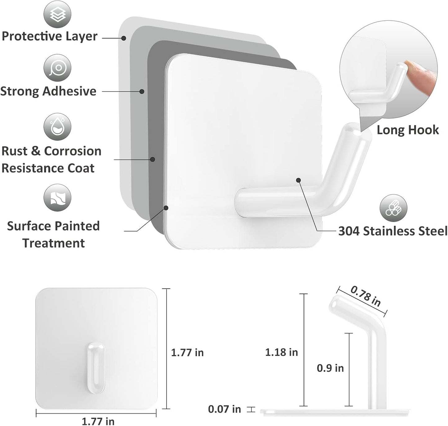 VIS'V Adhesive Hooks, Heavy Duty Shower Wall Stick on Hooks, Waterproof, 2 Extra Adhesive Strips, White, 4 Pcs