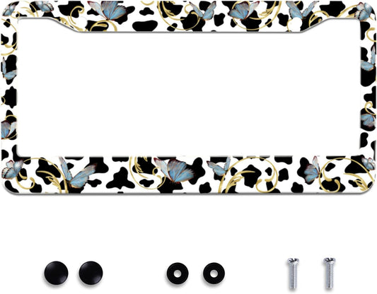 Personalise Cows and Butterfly License Plate Frames Cute Leopard License Plate Frame Car Universal Stainless Steel Accessories Cars Decor 2 Holes Screws Fits Standard US Vehicles Size 12.2 x 6 Inches