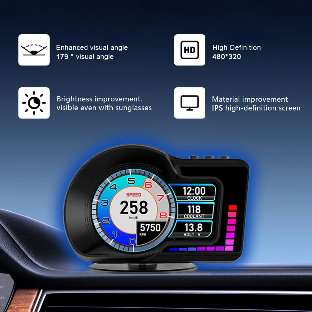 Head Up Display HUD F16 with OBD2 + GPS Dual System Digtial Speedometer, 3.5" IPS Smart Gauge, Speed, Voltage, Engine RPM, OverSpeed Warning, Water Temperature, Turbo Pressure for Cars After 2008