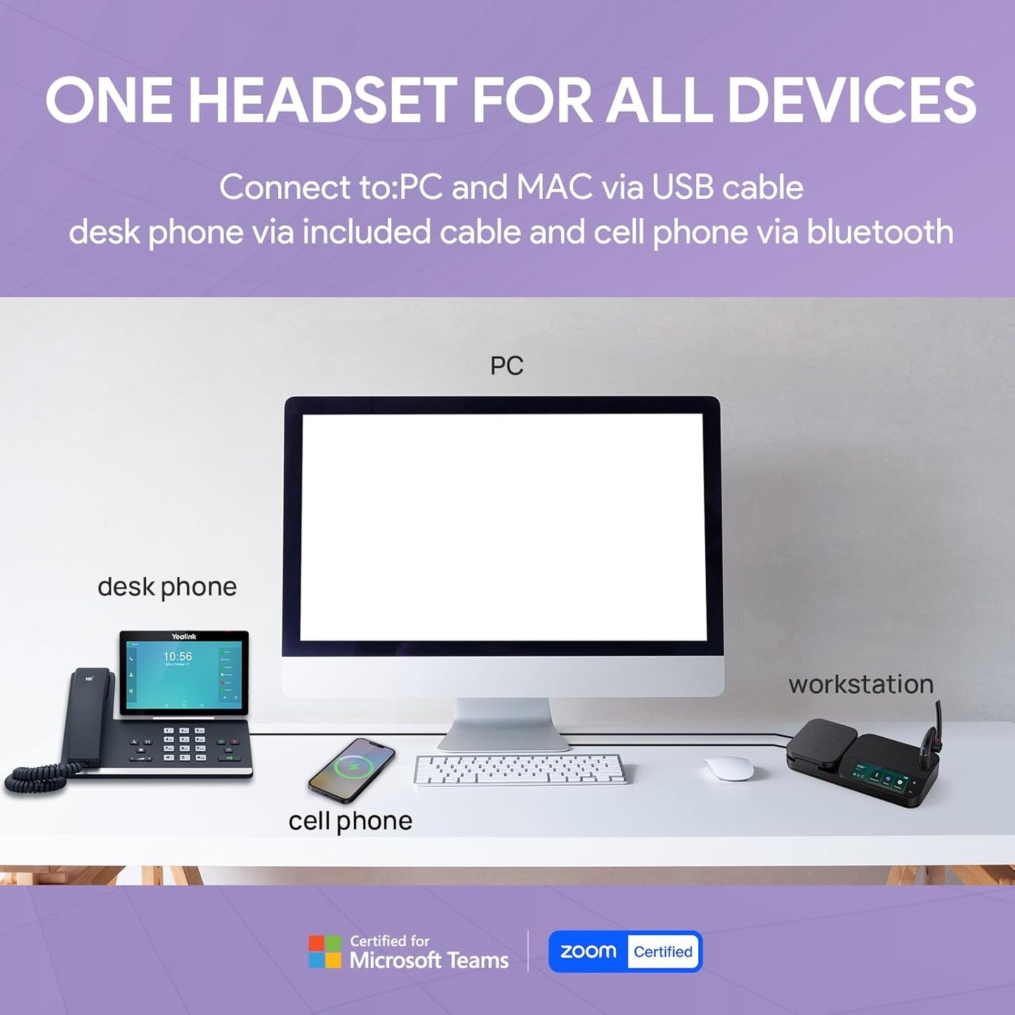 Yealink BH71 Workstation Pro Bluetooth Headset for Office Phone, Computer, Mobile, Work with Teams (Certified) Zoom, Charging Case, Wireless Charging Pad, Speakerphone, USB 3.0 Hub, 3-Inch Touchscreen