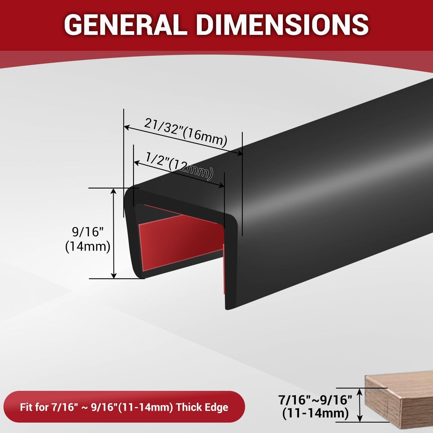 Rubber Edge Trim, 1/2" Self Adhesive Flexible U Channel Edge Protecter for Plywood, Tables, Desks, Cabinets, Counter Top, Wide U Shaped Edge Trim, Edge Banding, Black Color, 20Ft