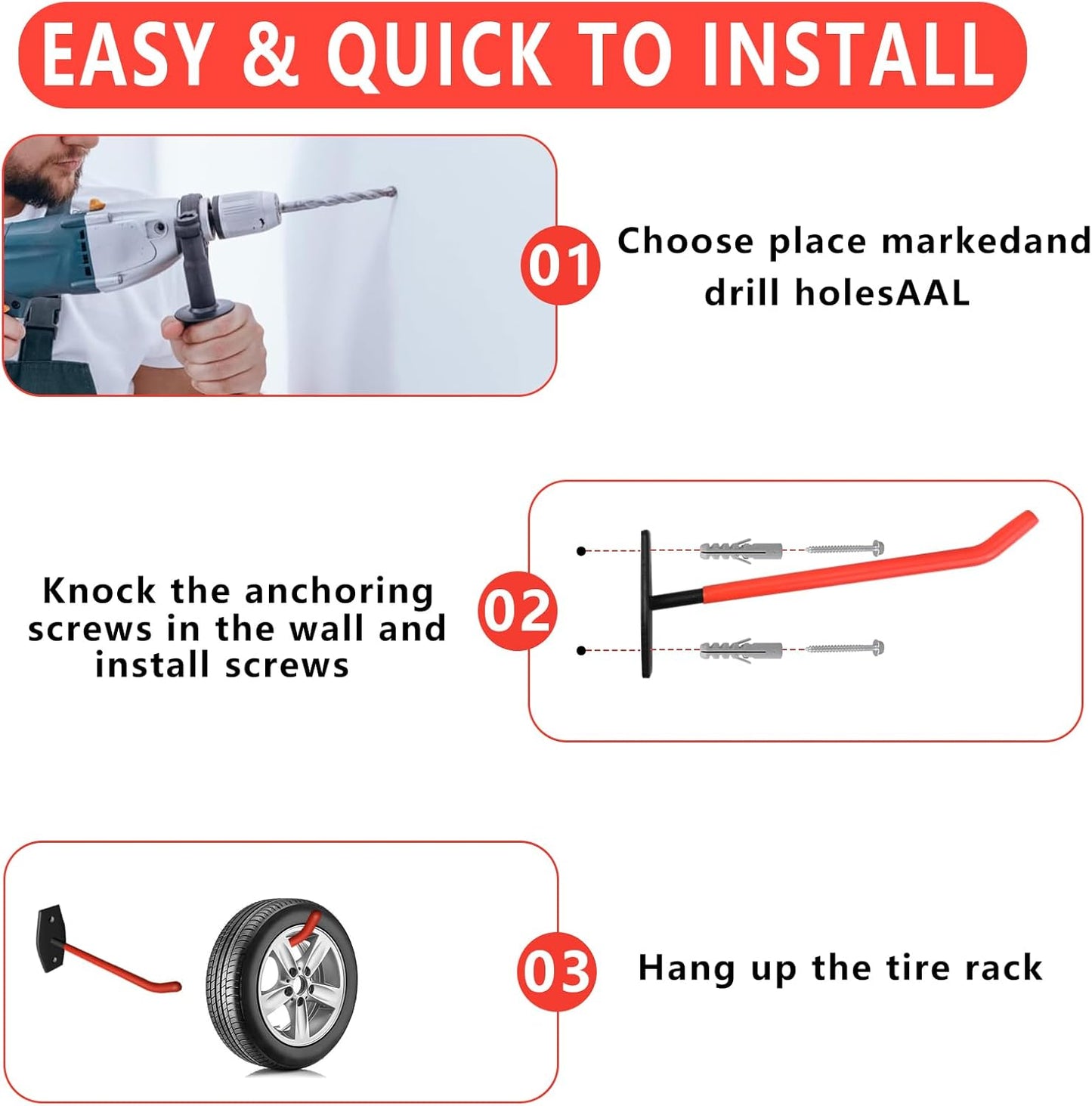 4 Pcs Wall Mount Garage Tires Hooks, 10 Inch Heavy Duty Steel Garage Storage Hooks with Anti-Slip Coating, Hang Tools for up to 88Lbs, for Car Tires, Ladders, Chairs, Ropes