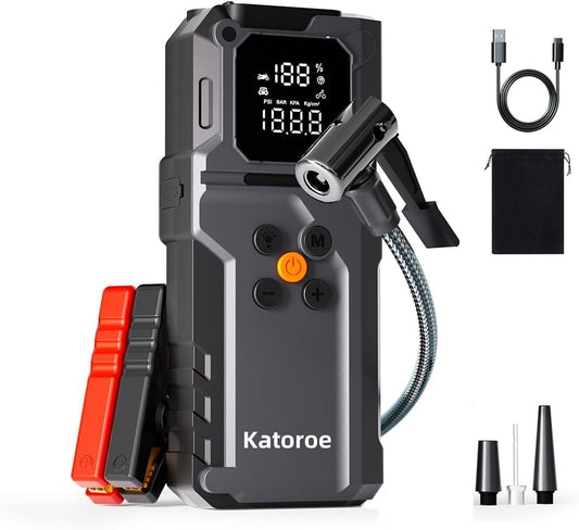 Jump Starter with Air Compressor, 5000A Jump Starter Battery Pack with 150PSI Tire Inflator, Portable Air Compressor, 12V Jump Starter for 9.0L Gas 7.0L Diesel Engines, Jumper Cables, Flashlight