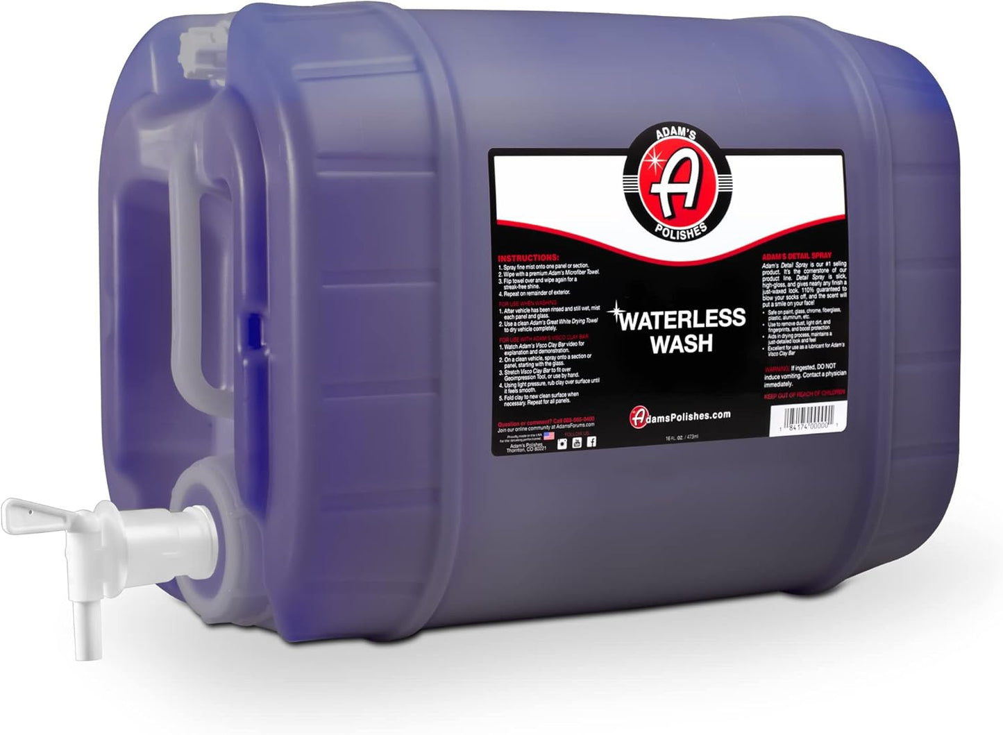 Adam's Polishes Waterless Wash (5 Gallon) Cleaning, Wash, Spray for Car Detailing, Safe Ultra Slick Lubricating Formula for Car, Boat, Motorcycle, RV -No Garden Hose, Wash Soap, or Foam Cannon Needed