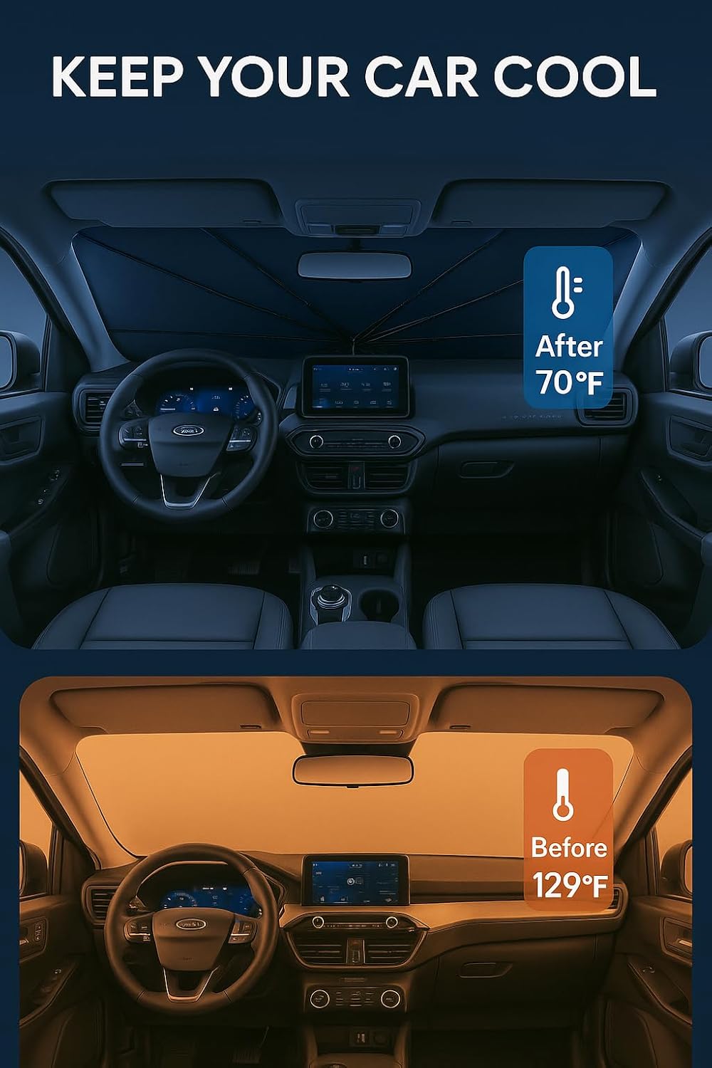 Proadsy Windshield Sun Shade Umbrella for Ford Bronco Sport 2021-2025 2026 Foldable Car Umbrella Sunshade with Soft TPU Handle Spring Structure Crystal Cooling Material Protect Car from Rays & Heat