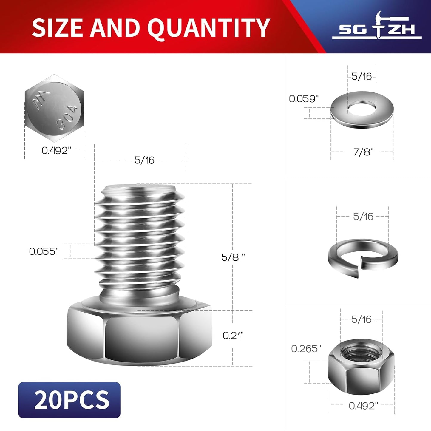 5/16-18 x 5/8" Hex Head Screw Bolt, Nuts, Flat & Lock Washers, 20Pcs 18-8 (304) Stainless Steel, Fully Threaded, by SG TZH