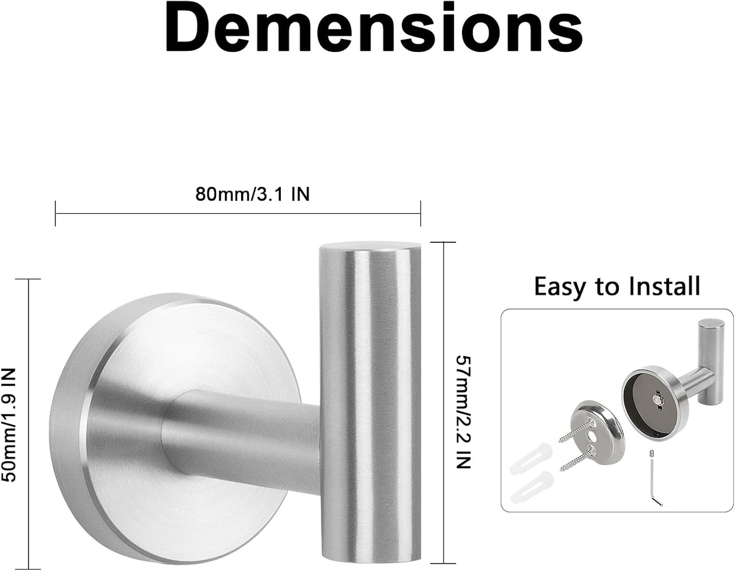 NearMoon Bath Towel Hooks- SUS 304 Stainless Steel Robe Hook Holder, Heavy Duty Coat Hook for Bathroom Livingroom Hotel Kitchen Garage, Wall Mounted (Brushed Nickel, 8 Pack)