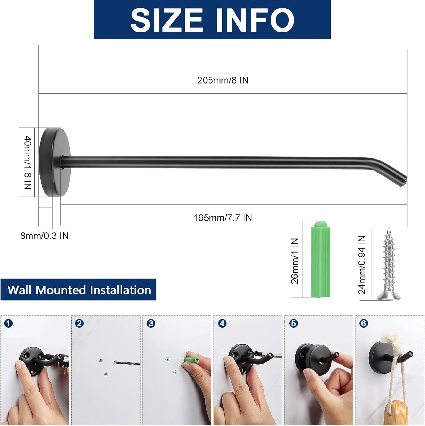 NearMoon Coat Hooks, Wall Hooks for Hanging Hat Hurse Robe, 304 Stainless Steel Heavy Duty Towel Hangers for Bathroom Livingroom Hotel Kitchen Garage, 6 Pack (8 Inch, Matte Black)