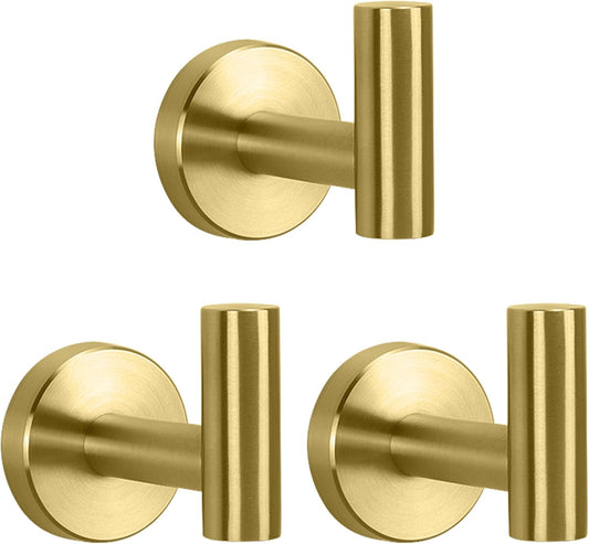 NearMoon Bath Towel Hooks- SUS 304 Stainless Steel Robe Hook Holder, Heavy Duty Coat Hook for Bathroom Livingroom Hotel Kitchen Garage, Wall Mounted (Brushed Gold, 3 Pack)
