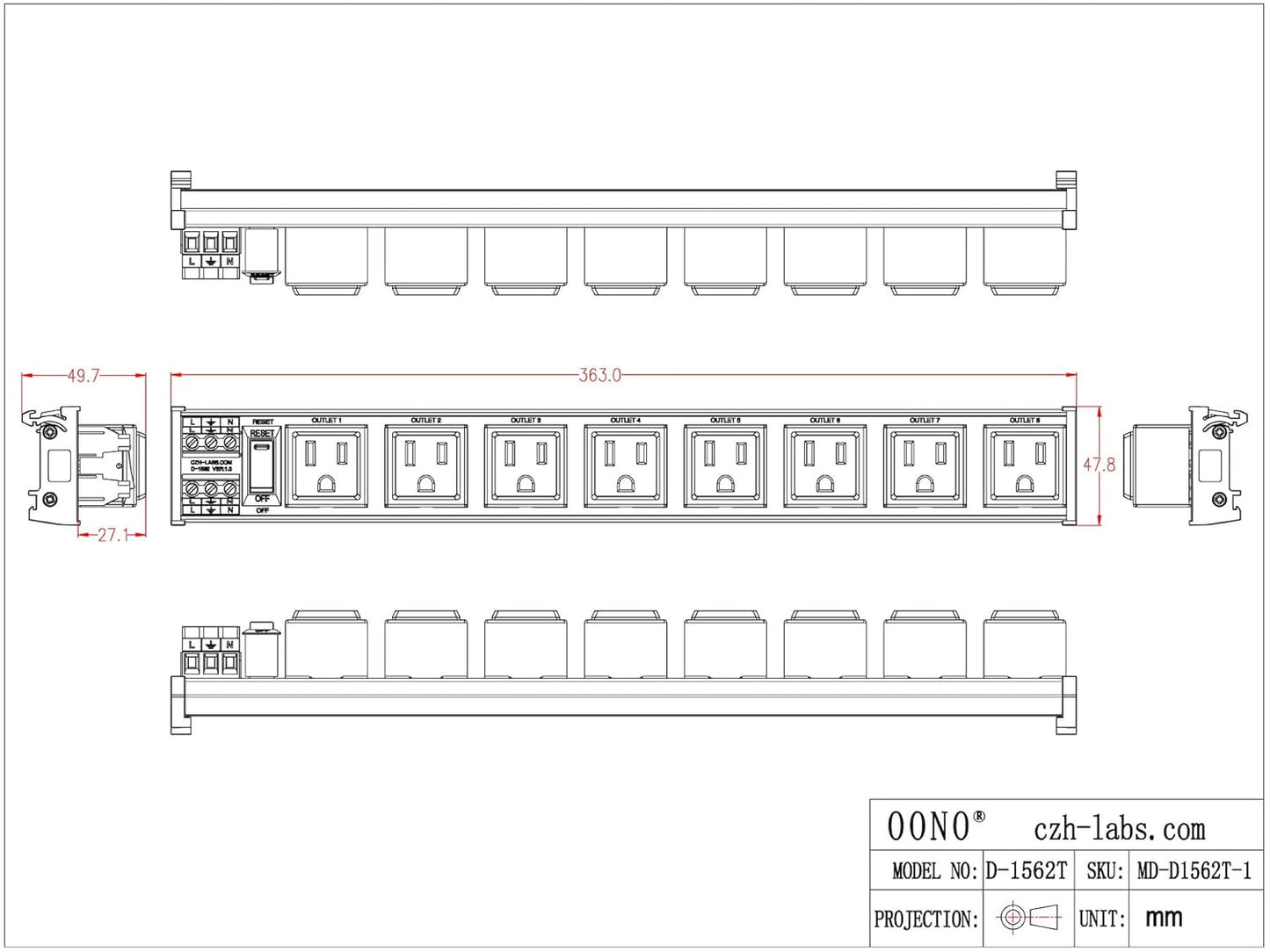DIN Rail Mount AC 120V NEMA 5-15R 8 Receptacles Outlet Power Strip Module, with Rocker Switch Thermal Circuit Breaker Overload Protector