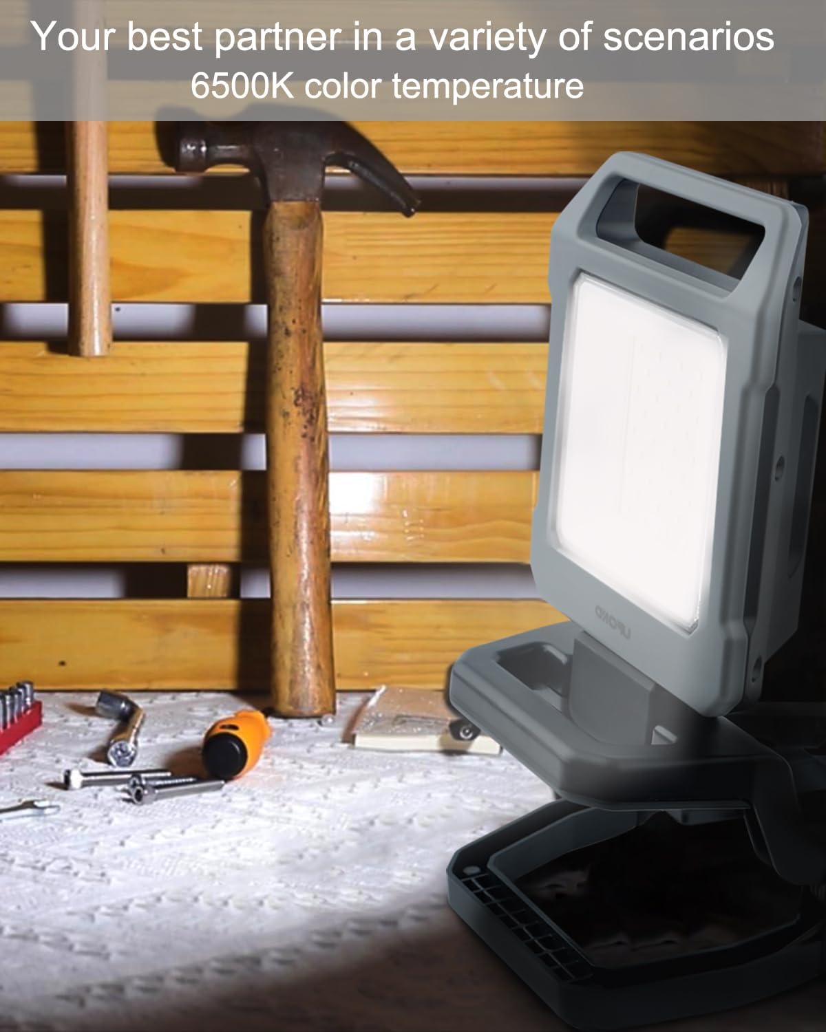 UFOND 2500LM LED Work Light Rechargeable,12h Portable Battery Worklight Cordless,6600mAh Waterproof Floodlight Brightness Adjustable,Outdoor Construction Clamp Light for Garage Camping Car Repairing